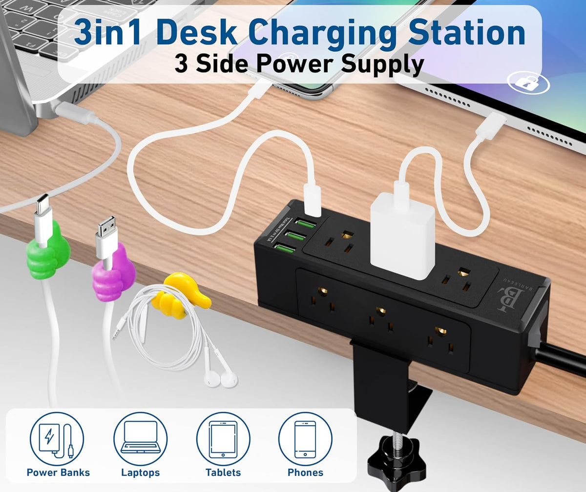 Desk Clamp Power Strip with USB-C Fast Charging, 9-Outlet Surge Protector, Space-Saving Power Strip for Home Office Desk, Adjustable Clamp & Cable Management – Black