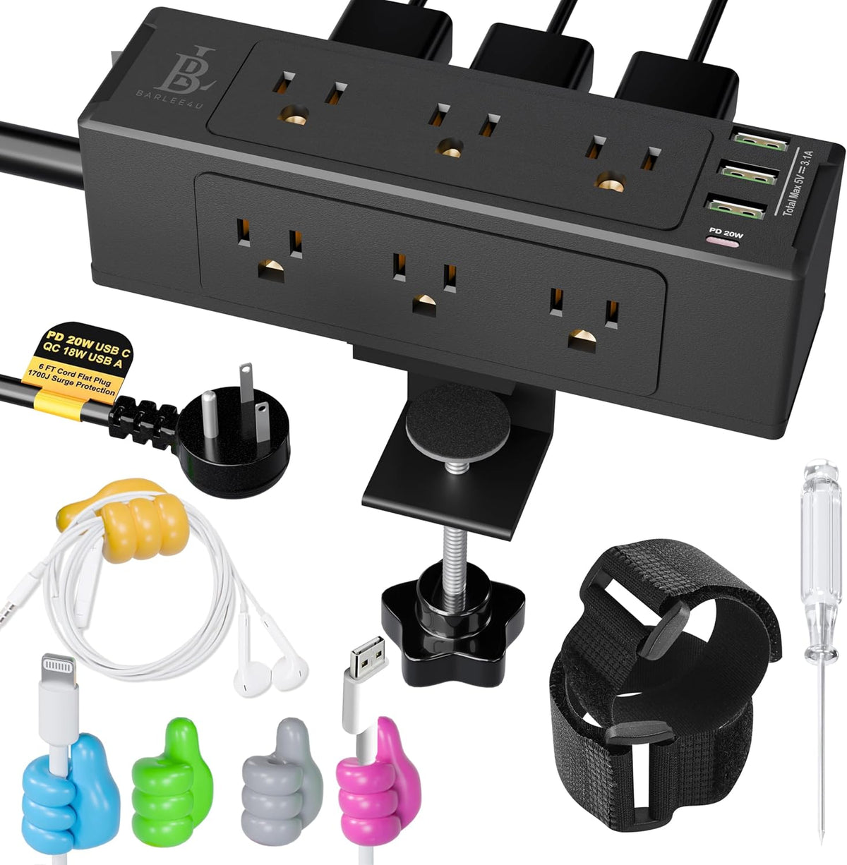 Desk Clamp Power Strip with USB-C Fast Charging, 9-Outlet Surge Protector, Space-Saving Power Strip for Home Office Desk, Adjustable Clamp & Cable Management – Black