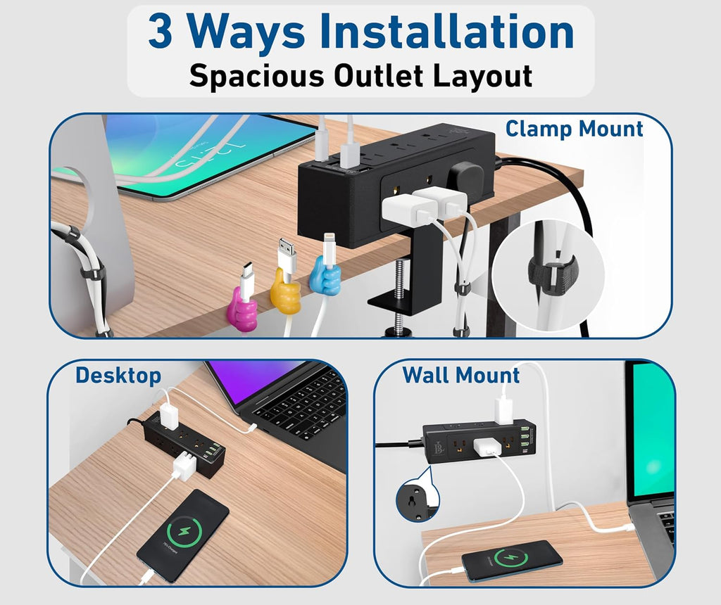 Desk Clamp Power Strip with USB-C Fast Charging, 9-Outlet Surge Protector, Space-Saving Power Strip for Home Office Desk, Adjustable Clamp & Cable Management – Black