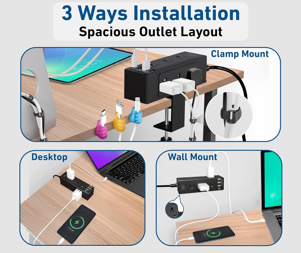 Desk Clamp Power Strip with USB-C Fast Charging, 9-Outlet Surge Protector, Space-Saving Power Strip for Home Office Desk, Adjustable Clamp & Cable Management – Black
