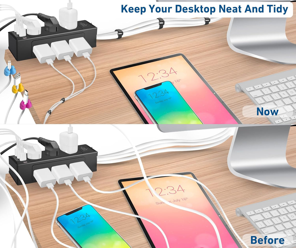 Desk Clamp Power Strip with USB-C Fast Charging, 9-Outlet Surge Protector, Space-Saving Power Strip for Home Office Desk, Adjustable Clamp & Cable Management – Black