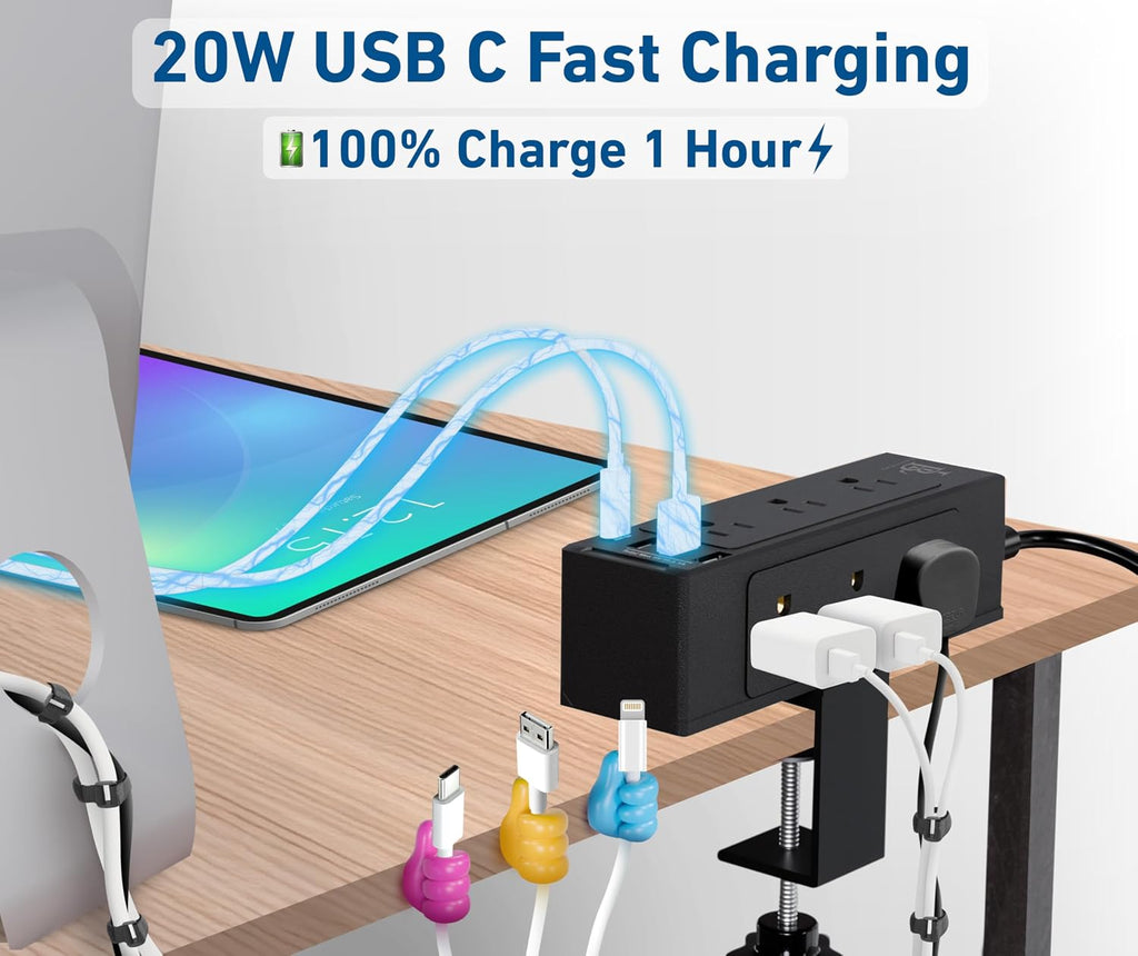 Desk Clamp Power Strip with USB-C Fast Charging, 9-Outlet Surge Protector, Space-Saving Power Strip for Home Office Desk, Adjustable Clamp & Cable Management – Black