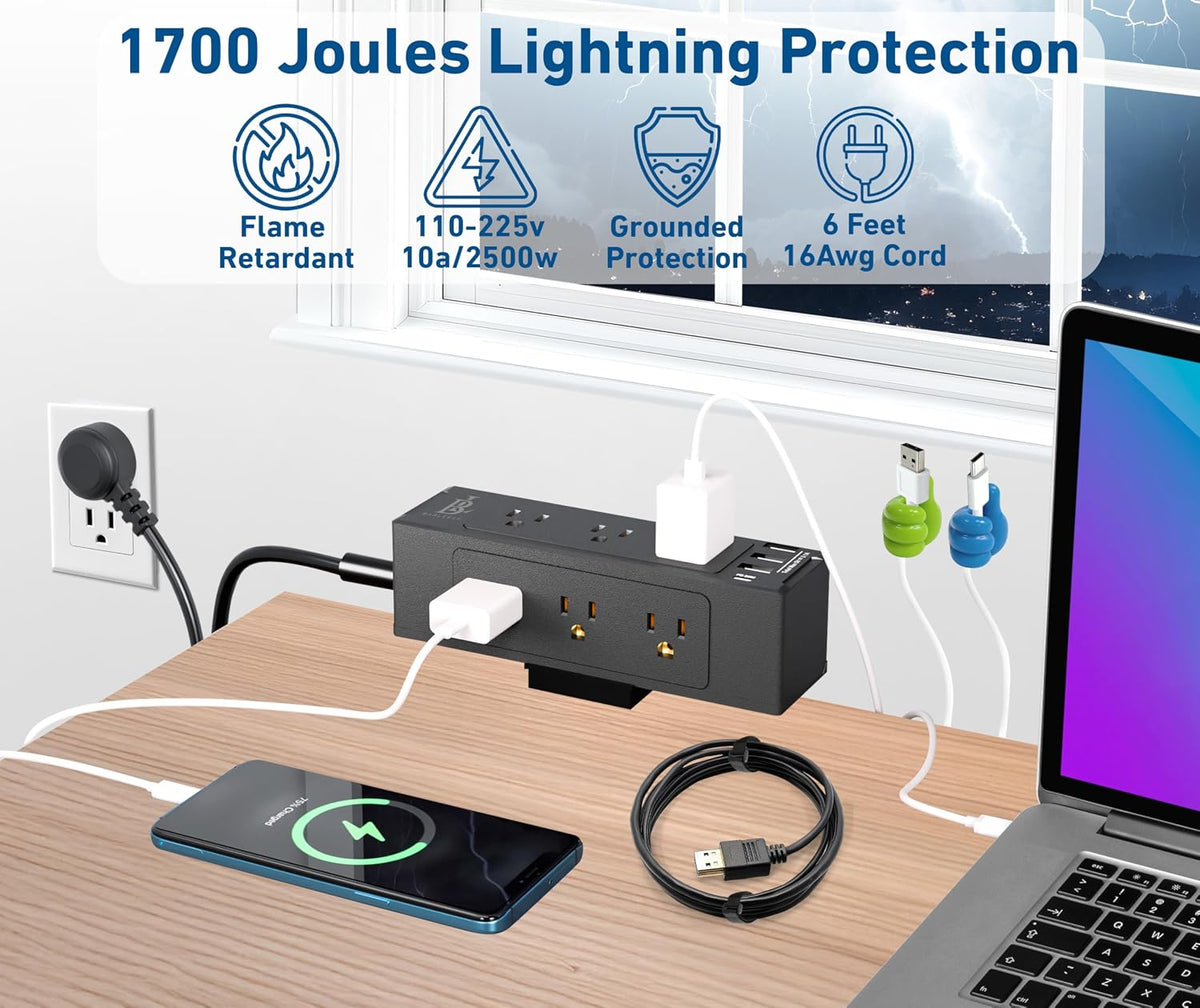 Desk Clamp Power Strip with USB-C Fast Charging, 9-Outlet Surge Protector, Space-Saving Power Strip for Home Office Desk, Adjustable Clamp & Cable Management – Black