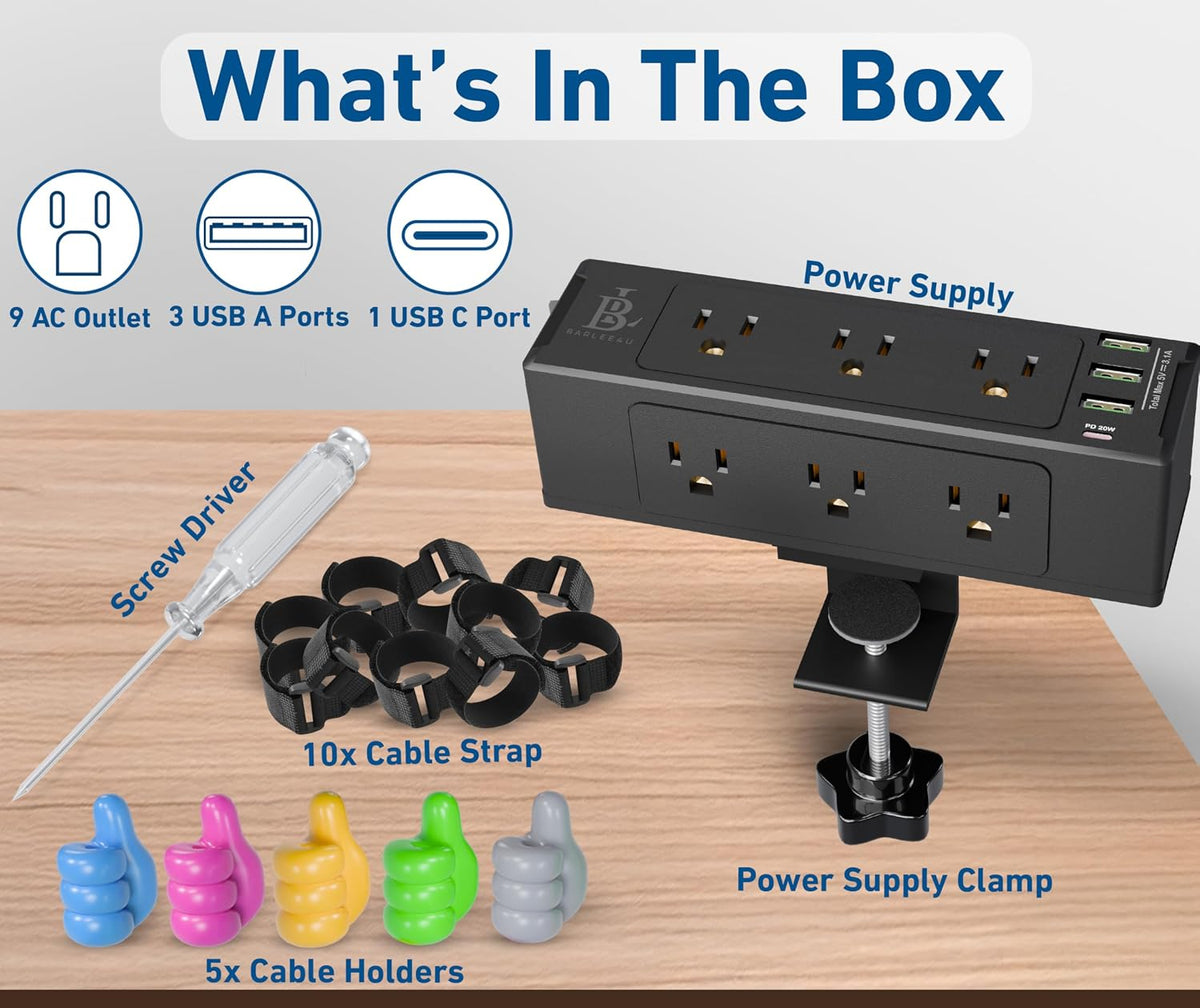 Desk Clamp Power Strip with USB-C Fast Charging, 9-Outlet Surge Protector, Space-Saving Power Strip for Home Office Desk, Adjustable Clamp & Cable Management – Black