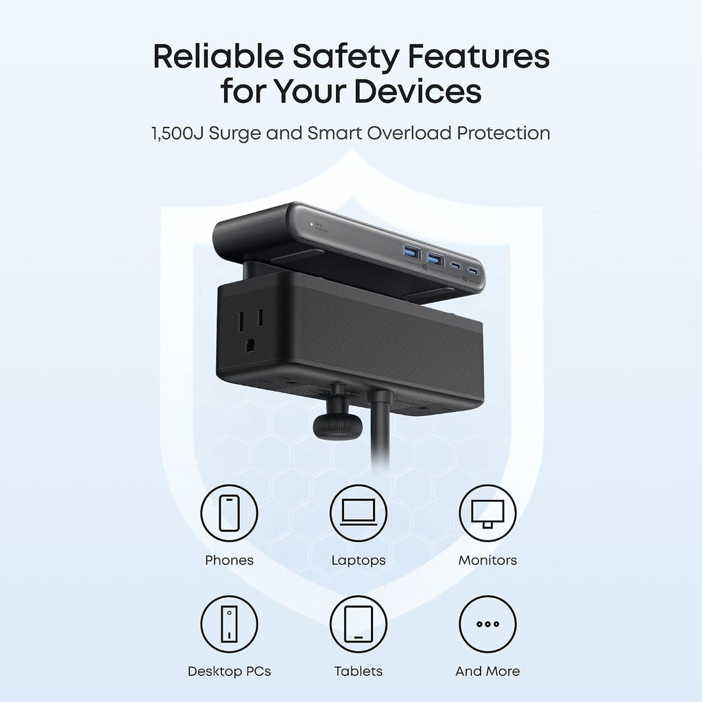 Nano Power Strip, Desk Clamp, 70W Max, 1500J Surge Protector, 2 USB C