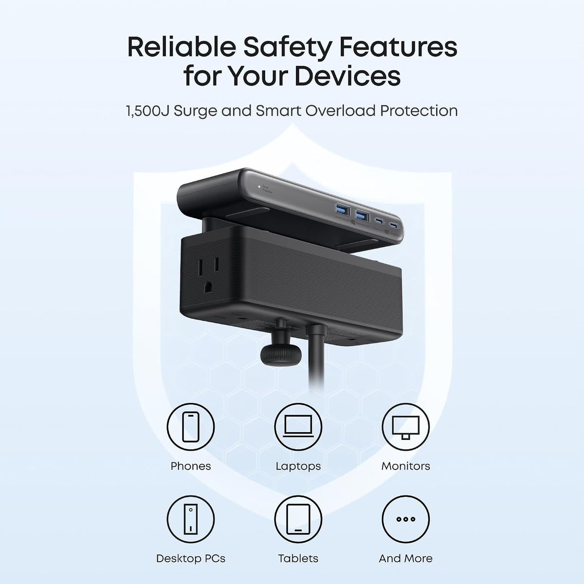 Nano Power Strip, Desk Clamp, 70W Max, 1500J Surge Protector, 2 USB C